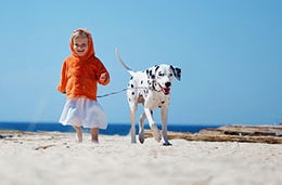 girl walking dog on beach