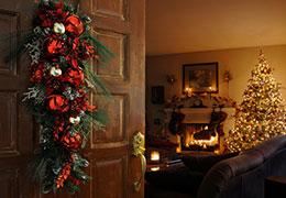 Christmas decorated cottage with open fire